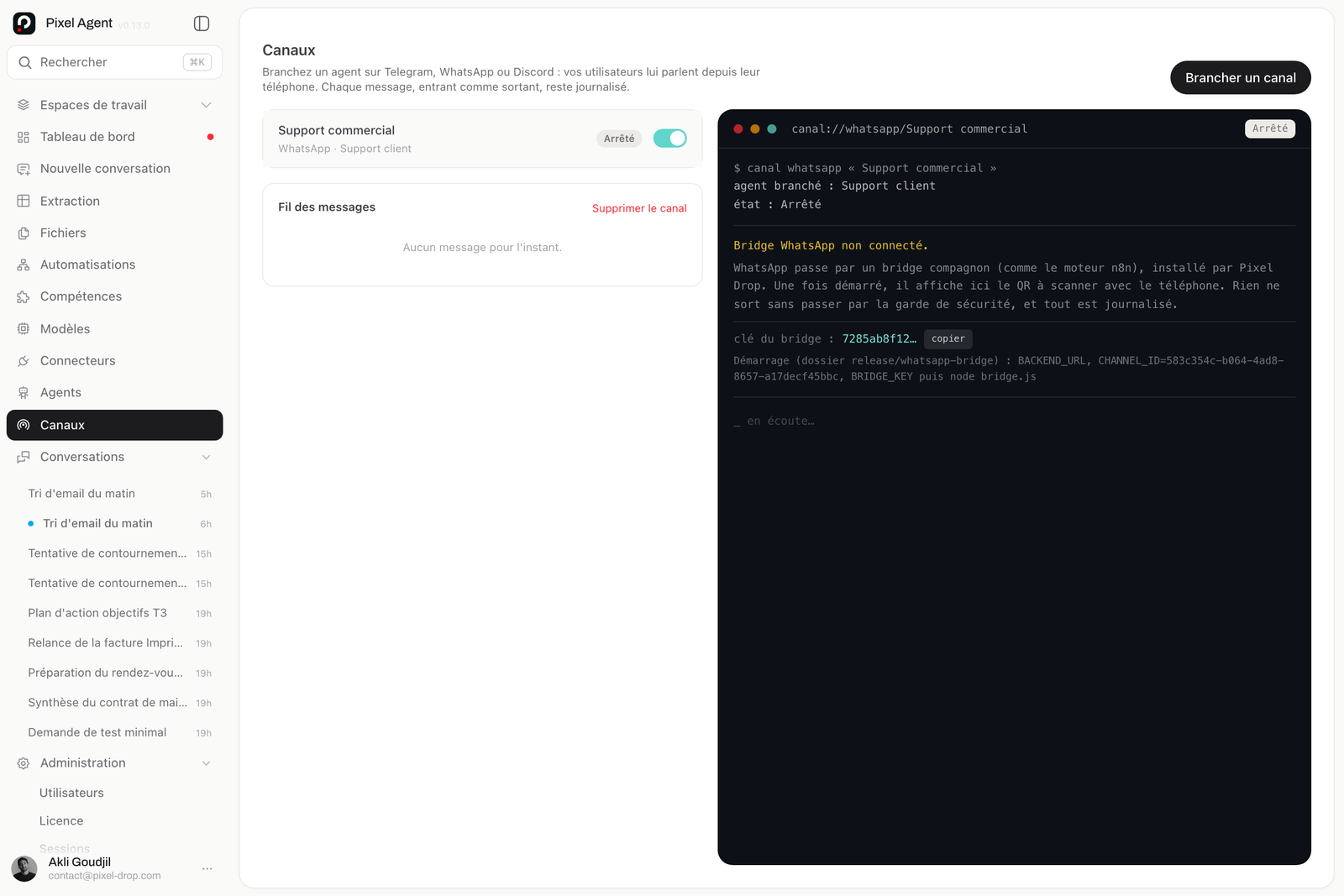 Canaux : WhatsApp, Telegram, Discord