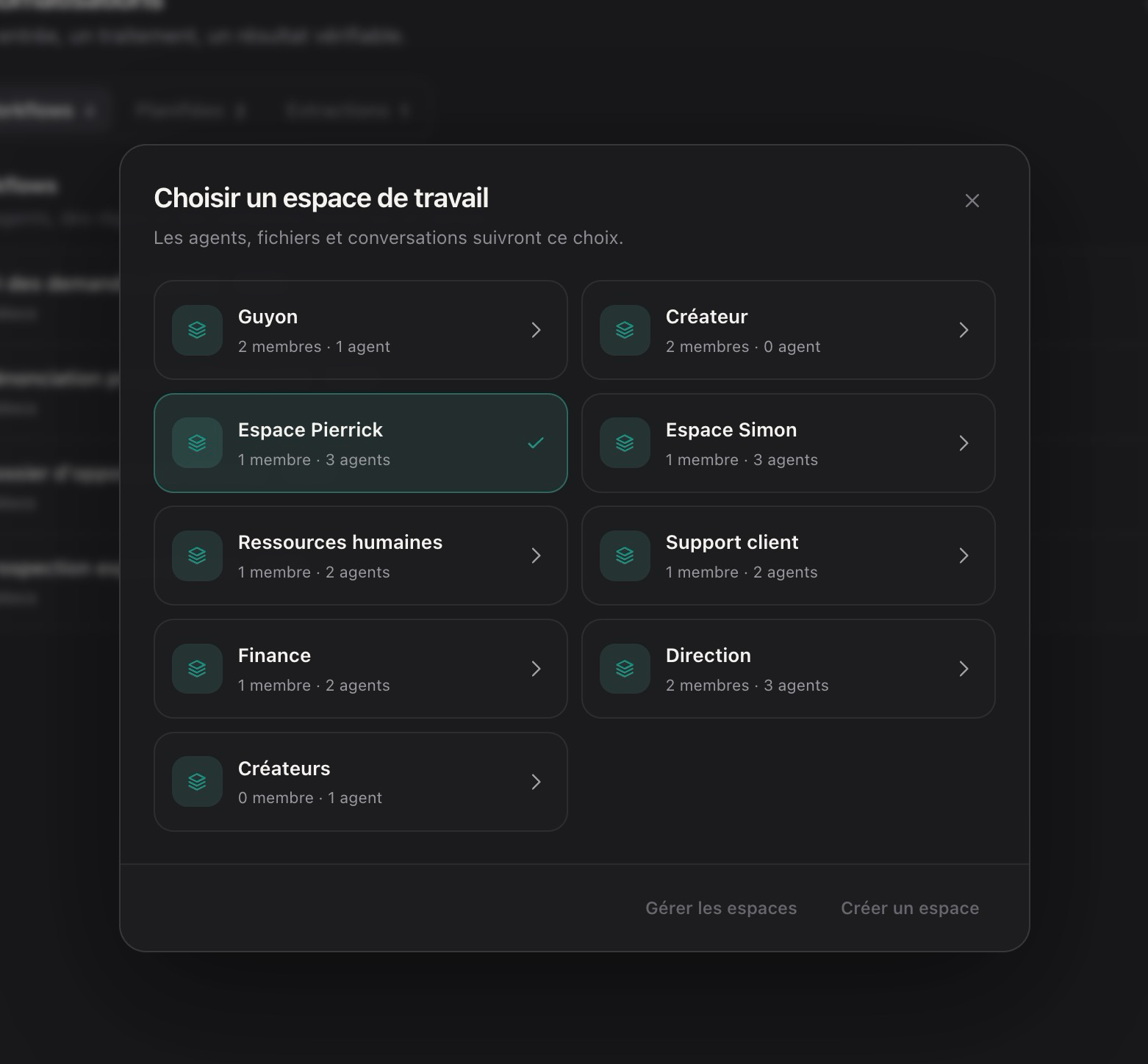 Choisir un espace de travail dans Pixel Agent Suite