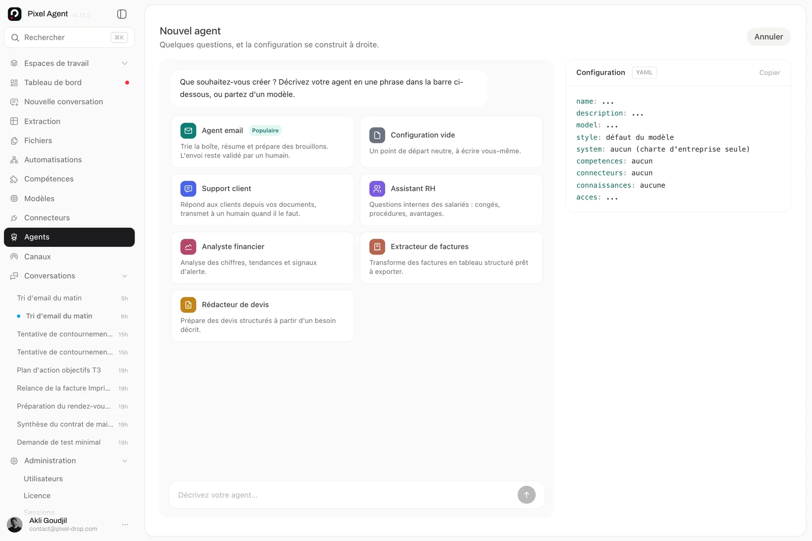 Configuration d'un agent : nom, rôle, modèle et consignes en langage naturel